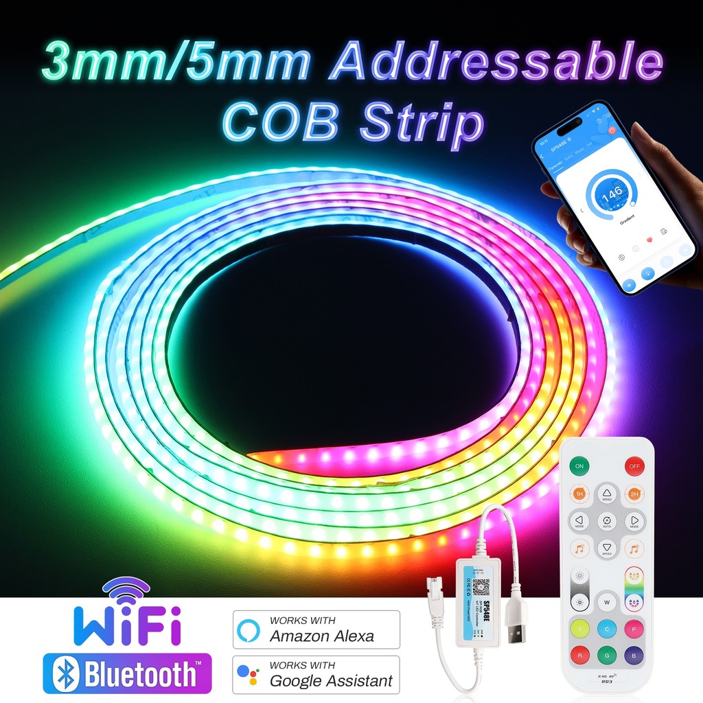 3mm 5mm 5V WS2812B Addressable COB LED Strip Secara Individual IC RGB Fleksibel LED Strip Kepadatan