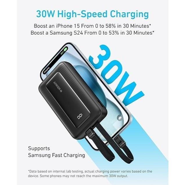 Anker Zolo Power Bank 10.000mAh 30W Max Fast Portable Charger with Built-in USB-C and MFi Certified 