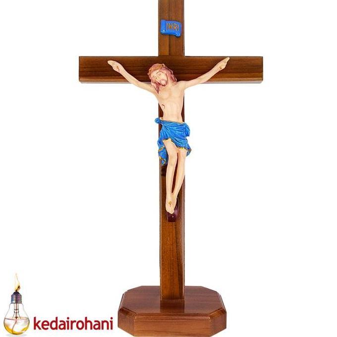 >*>*>*>*] Salib Duduk Meja Kayu Jati Corpus Patung Tubuh Yesus Inri Fiber 40 cm