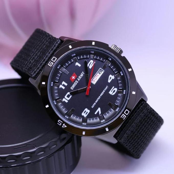 SWISS ARMY - Jam Tangan PRIA COWOK - Fitur Tanggal Aktif - Bahan Tali Canvas Kain - Bonus Box dan Ba