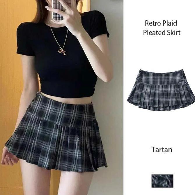 Rok Lipit Kotak-kotak Retro Wanita Musim Panas Rok Pendek Pinggang Tinggi Rok Gaya Kuliah Kain Panja