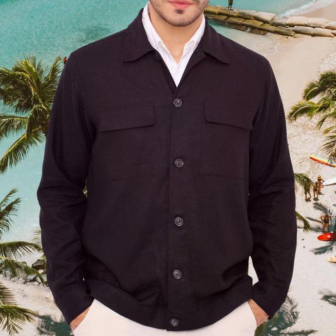 REMEDY Jaket Kemeja Outer Linen Pria Warna Hitam - Elbrus Linen Shirt Jacket