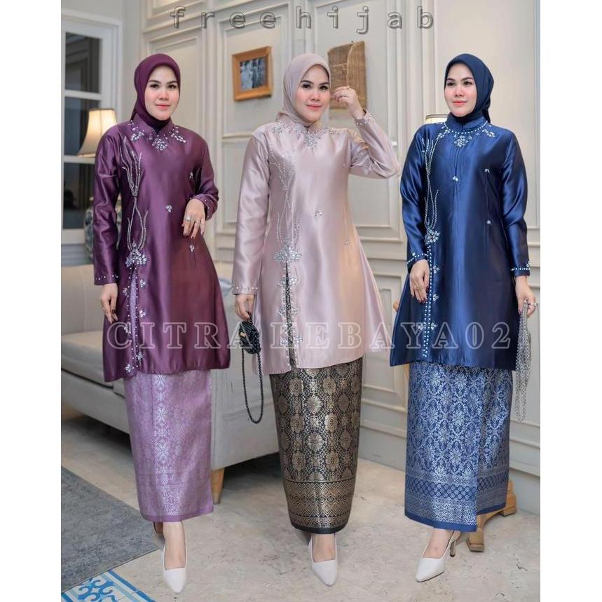 Promo.. Set Terbaru Baju Kurung Melayu Kebaya Malaysia Belah Samping Free Gratis Hijab Aksen Full Pa
