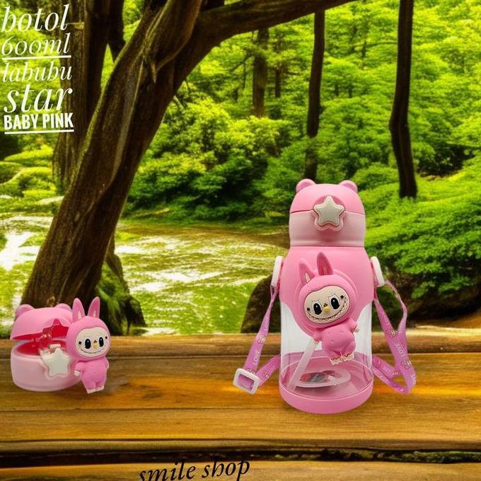BOTOL MINUM ANAK LABUBU + TALI SLEMPANG ,STIKER 2D MOTIF LUCU 600ML +EXTRA PACKING BUBBLE/KARDUS Wat