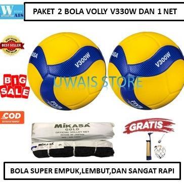 PAKETAN 2 BOLA DAN 1 NET - BOLA VOLLY MIKASA V300W DAN NET VOLI MIKASA GOLD - BOLA SIAP MAIN - BOLA 
