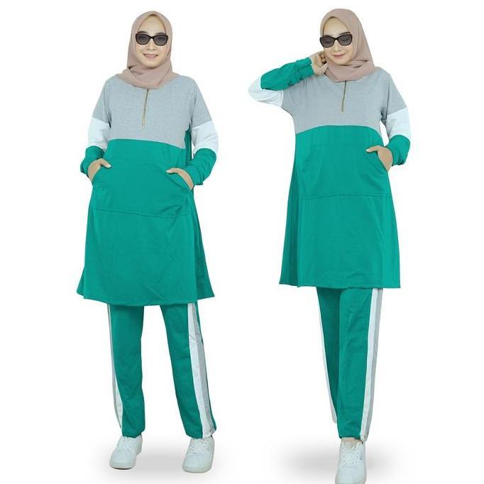 Promo Rafika Set Setelan Training Olahraga Senam Wanita Muslimah Babyterry Lengan Panjang Size L-3Xl