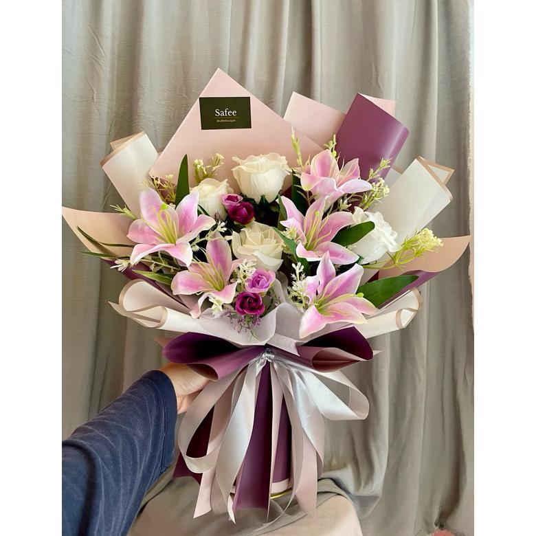 Lilians | Buket valentine bunga lili artificial | Lily Rose Bouquet | Buket ungu purple pink