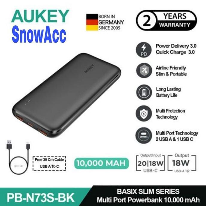 Aukey Power Bank 10000Mah Quick Charging Usb C 20W Pd 3.0 Slim Portable Powerbank ( Pb-N73S-Bk )