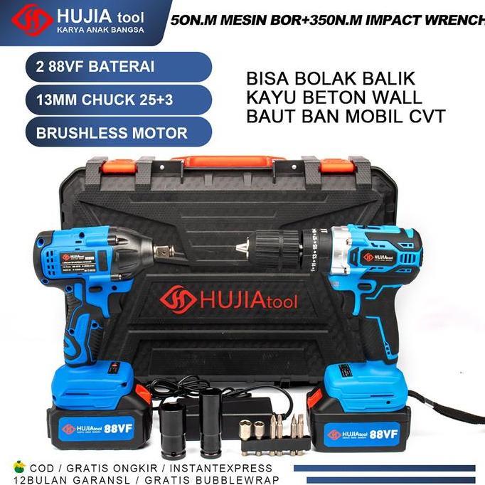 Sale Hujia Cordless Impact Wrench + Mesin Bor Beton Tembok Set Bukabaut Mobil Portable Baterai Pembu