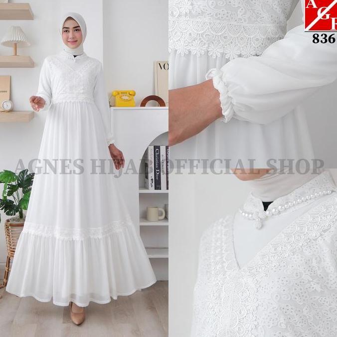 Sale Agnes Hijab - Jihan Dress Gamis Putih Premium Gaun Pesta Mewah Simple Elegan Aesthetic Baju Mus