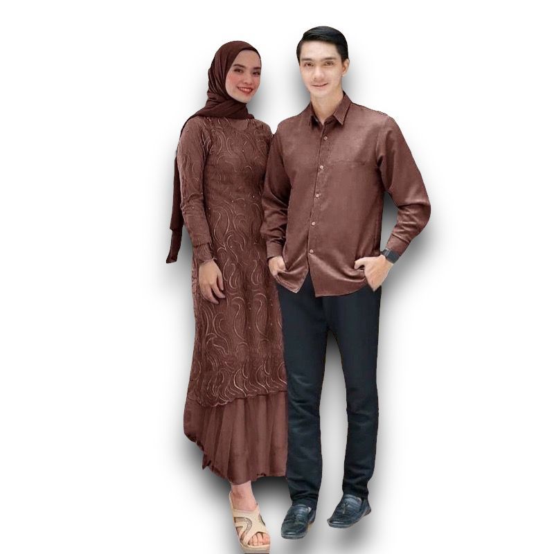 COUPLE GERALDIN GAMIS BRUKAT TILE DAN KEMEJA MOSCREPE  GAMIS BAJU COUPLE PASANGAN