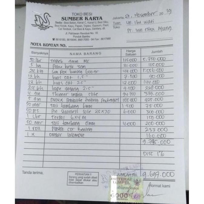 Nota Pt. Inti Citra Agung 21 November 2019  Sale