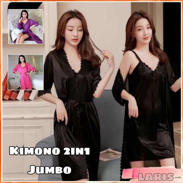 Laris -  Kimono set TRICOT JUMBO wanita XXL / Set 2IN1 kimono lingerie import bahan satin