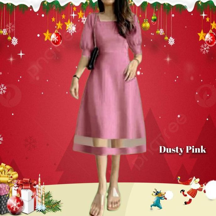 Baju Gaun Pesta Wanita Midi Dress Korea Natal Casual Biru Muda