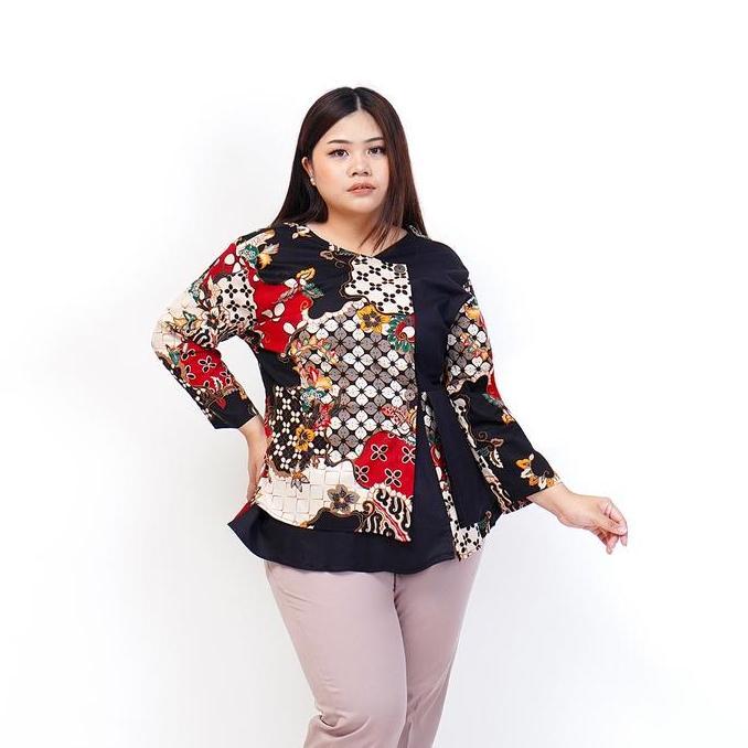 BAJU ATASAN BLOUSE BATIK WANITA 184 NAVY JUMBO BSIZE OVERSIZE HAMIL