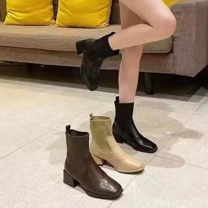 BOOTS LEATHER KNITTED 3CM HEELS KOREAN STYLE B48