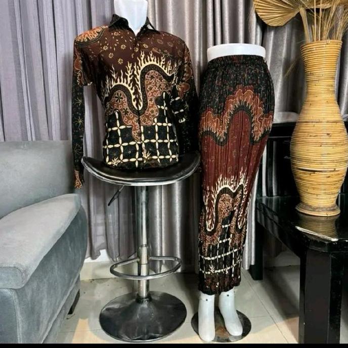 set batik couple/batik seragaman arshaka terakota/kemeja batik lengan panjang dan rok prisket/rok li