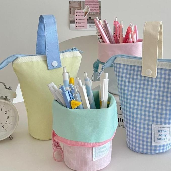 Tas Pensil Korea Pouch Makeup Handle Pastel Estetik Bucket Pensil Case Aesthetic Minimalis Wadah Tem