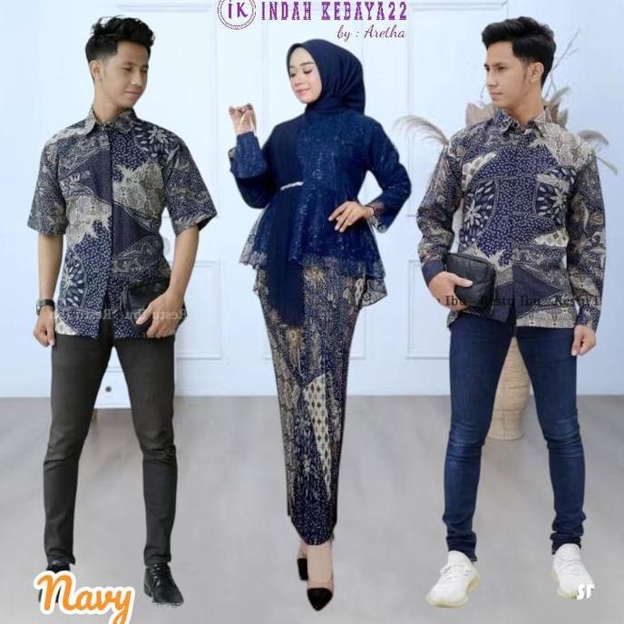 Setelan Kebaya Couple Lamaran Modern Aurora Selendang Brokat Tile Pasangan Kemeja Batik Pria Katun P