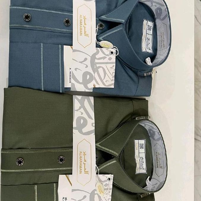 Gamis/juba Haramain kombinasi Kerah kemeja lengan manset  Panjang  Jubah  Muslim Pria Hitam Putih Te