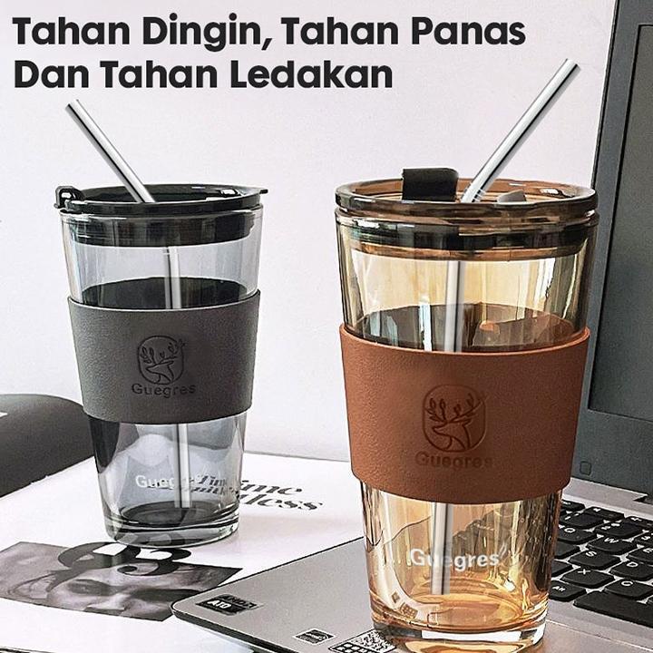 Anggun - Eatkit Gelas Kaca 450Ml Case Kulit Tahan Panas Dengan Sedotan Mug Kopi Glass Cup Tumbler Ae