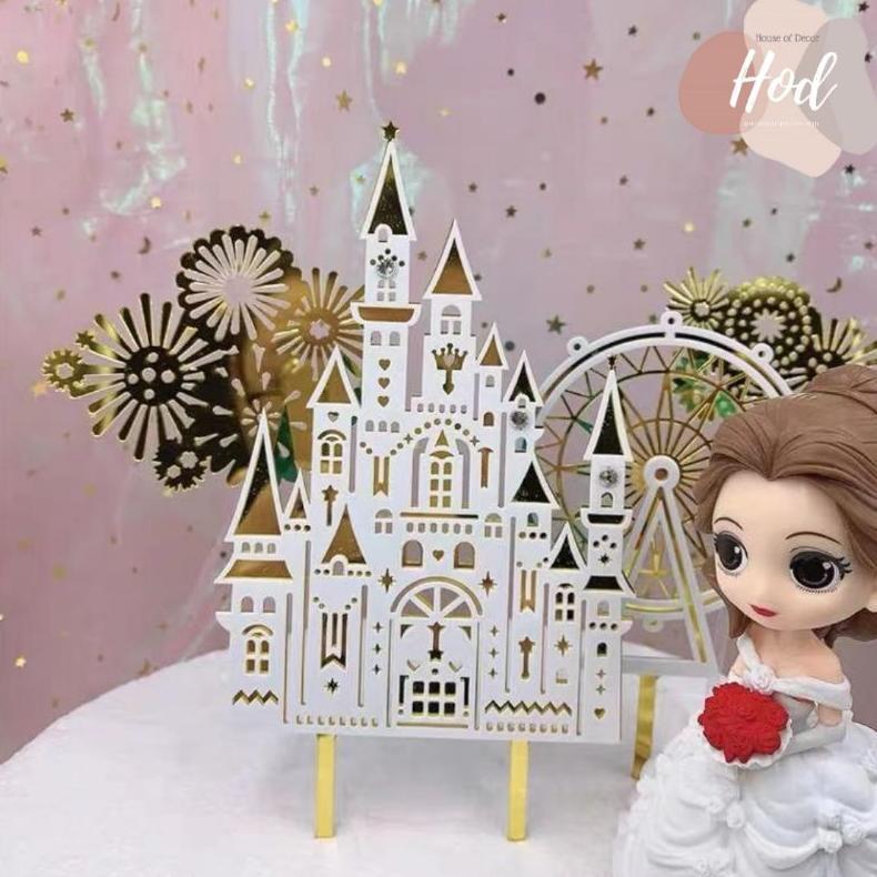 Cuci Gudang Topper Akrilik Castle Firework Ferris Wheel White Gold Kembang Api Bianglala Kastil Ista