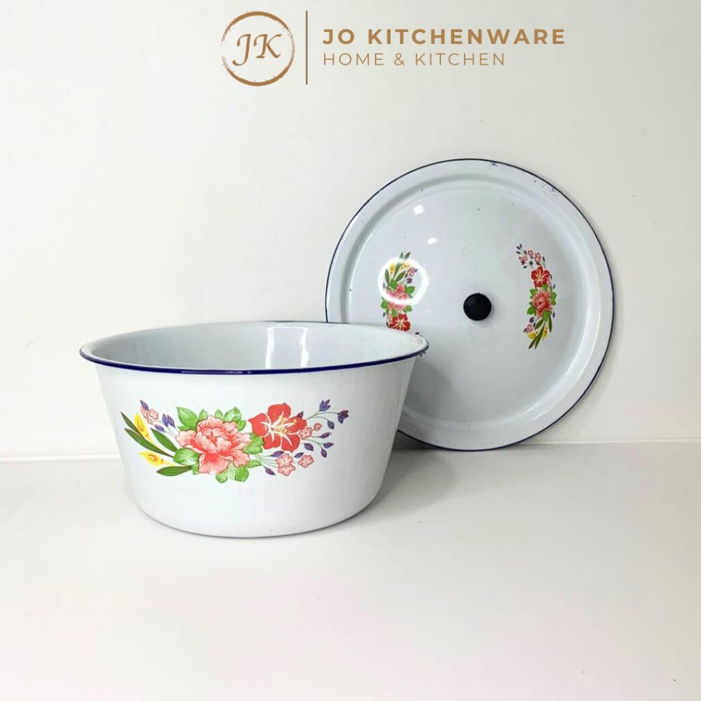 Waskom Dalam + Tutup Putih Enamel Motif Bunga (UK : 28cm) / Basi Enamel Unik / Baskom Kobokan Deco b