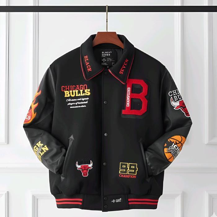 Varsity Jacket Redbulls Hitam | Chicago Bulls Team Blackseven | Jaket Baseball Bordir Original Unise