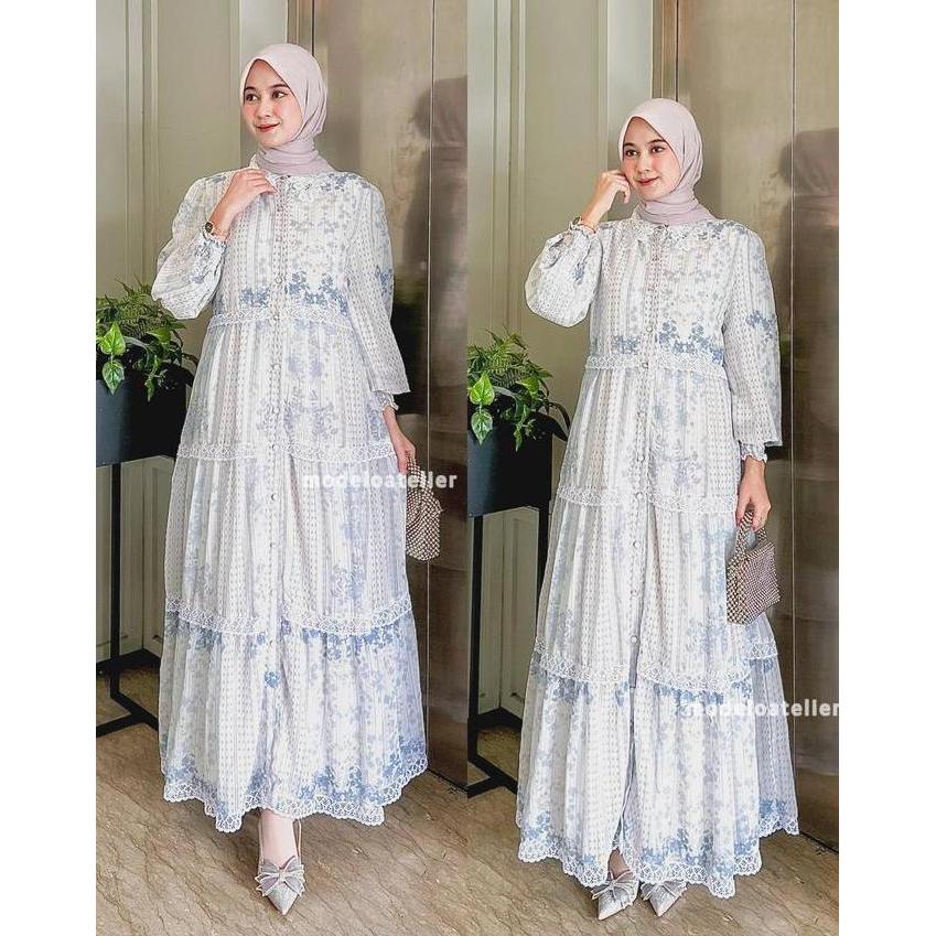 FELORA Vintage Dress / Raya Maxy Dress Wanita / Gamis Ceruty Kerah Korea Full Puring Mix Renda Konda