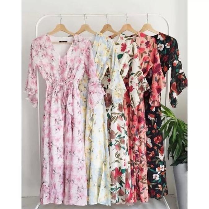 [Navael] Gentle Korean Style Floral Vintage Maxi Dress Bunga Pantai Manis Bumil Hijab Friendly
