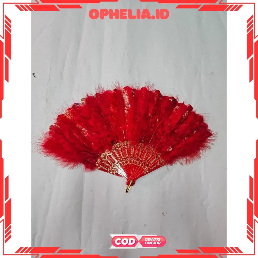 Kipas Tangan Lipat Bulu / Kipas Tari Merah Bulu / Kipas Lipat Tari Bulu Pentas - RO30-0512 2025 Bisa