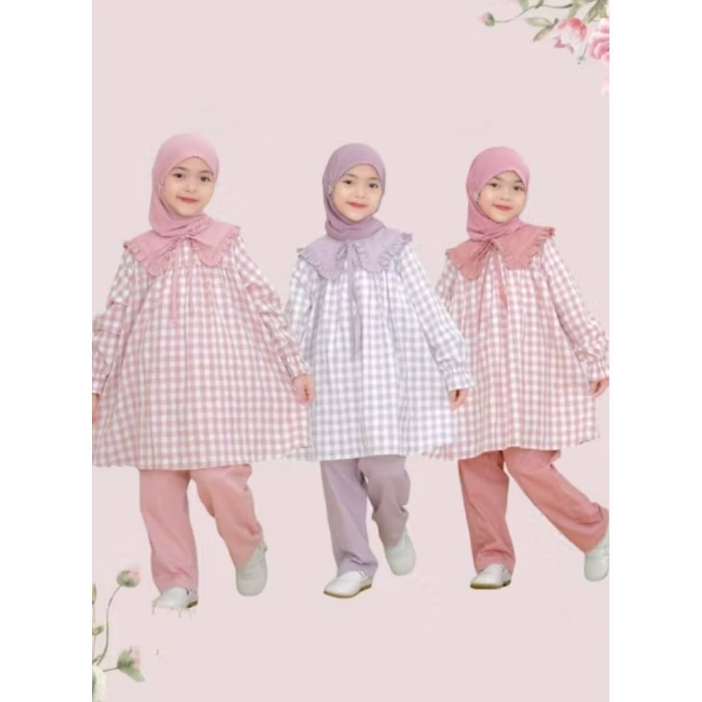 Setelan tunik  anak perempuan / Oneset anak motif kotak kotak baju muslimah anak