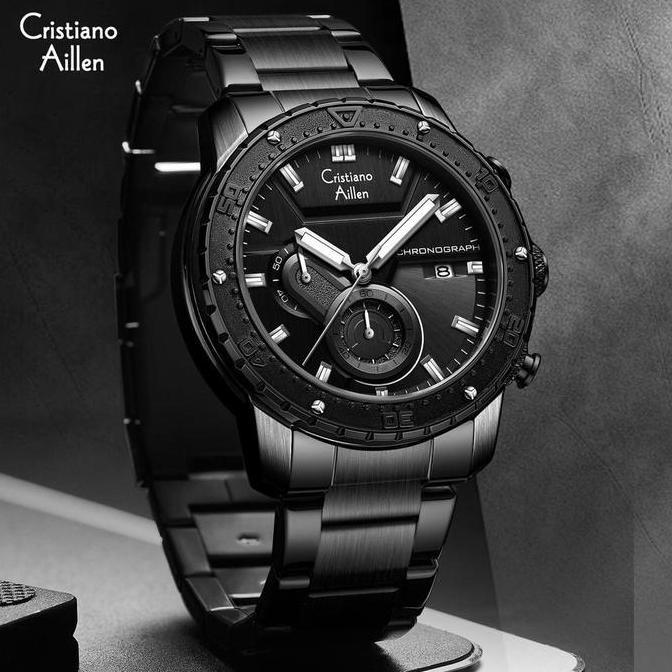 Buy 1 Get 1  Cristiano Aillen Jam Tangan Pria Analog 8900 Rantai Stainless Steel Chronograph Kaca Sa