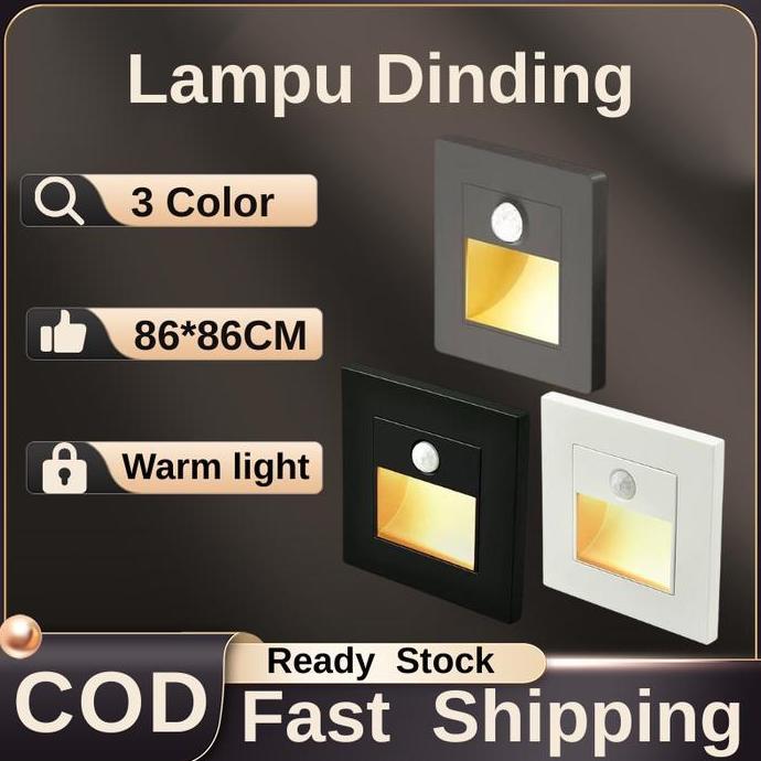 BERKUALITAS! Lampu Sensor Lampu Tangga Dinding Step LED Tanam 86X86MM Lampu Dinding Sensor Otomatis 