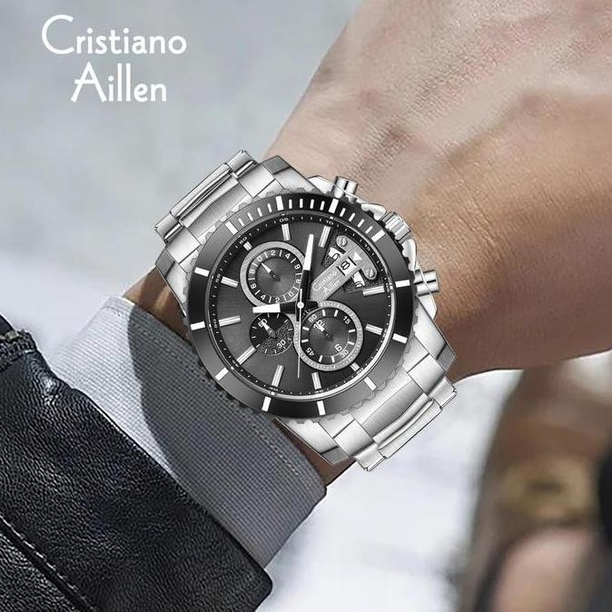 Buy 1 Get 1  Cristiano Aillen Jam Tangan Pria Analog CA 8898 ST Stainless Steel Chronograph Kaca Sap