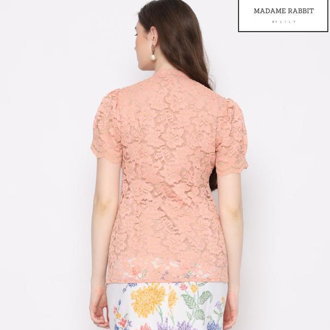 Blouse Kebaya Brokat Puff Peach Baju Pesta Atasan Polos Madame Rabbit Dress Wanita