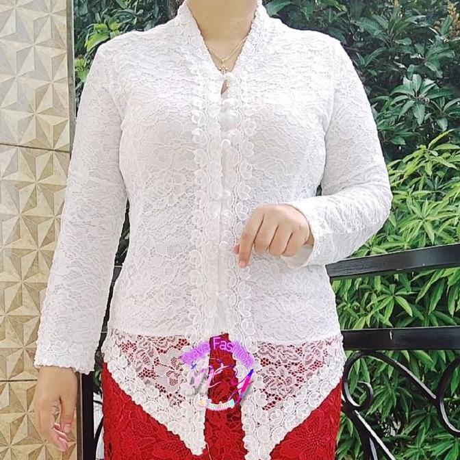 Atasan brokat putih lengan panjang V-Neck