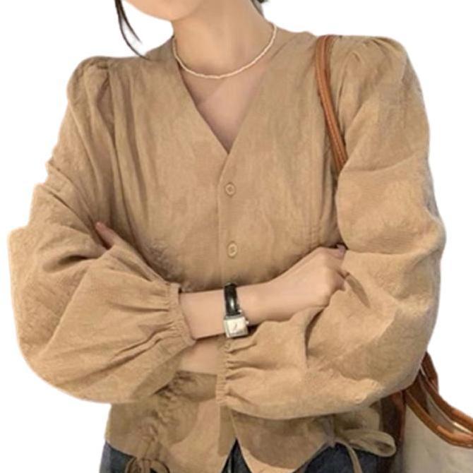 Atasan Lengan Panjang Wanita Lengan Balon Serut Tali Kemeja Katun Baju Bunga Muda Motif