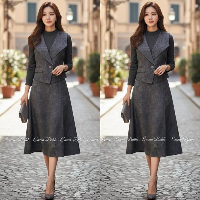 Emma.Butik E00633 Setelan Blazer Dress Rompi Wanita Natal Formal Oneset Midi Dress Lengan Panjang Ke