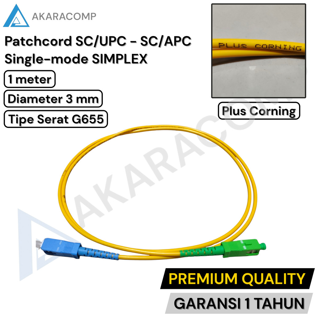 Patchcord Plus Corning SC/UPC - SC/APC (Biru - Hijau) G655 3mm Singlemode Simplex 1 meter