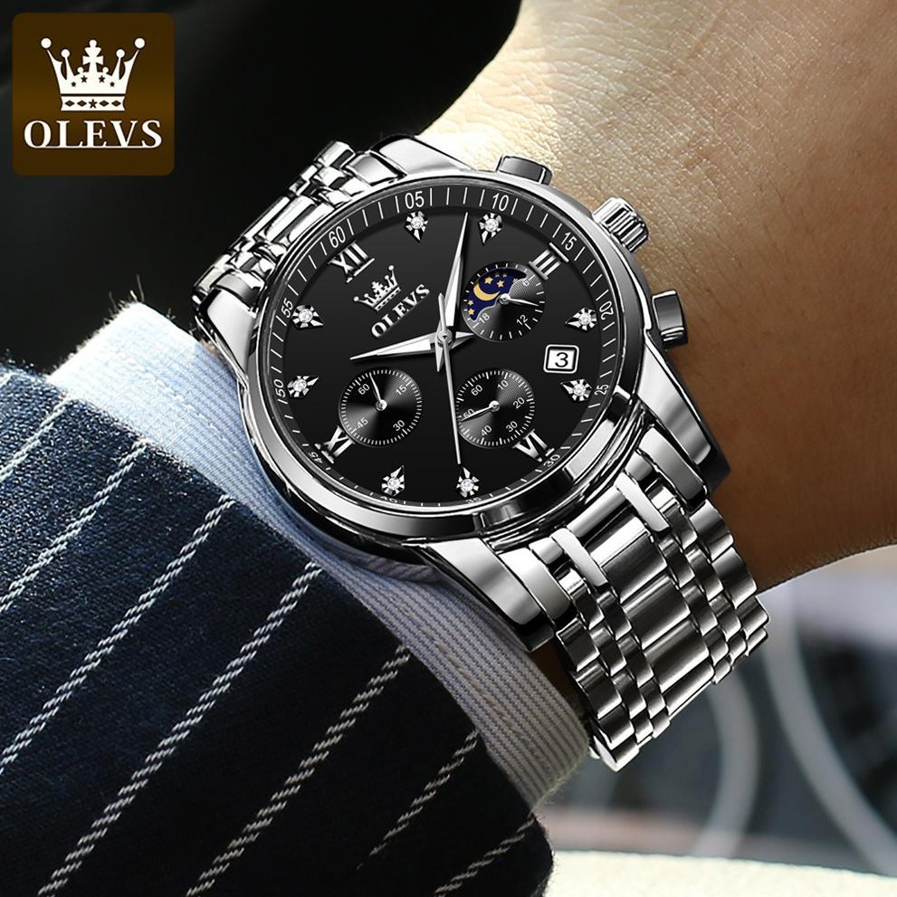 TERBARU OLEVS Jam Tangan Pria Anti Air Original Stainless Steel Chrono Aktif Cowok Luminous Kalender