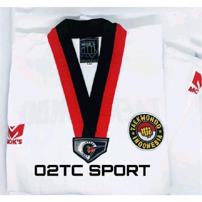 Dobok Taekwondo Moks Young Fighter Kerah Putih dan Kerah Merah Hitam/Poom