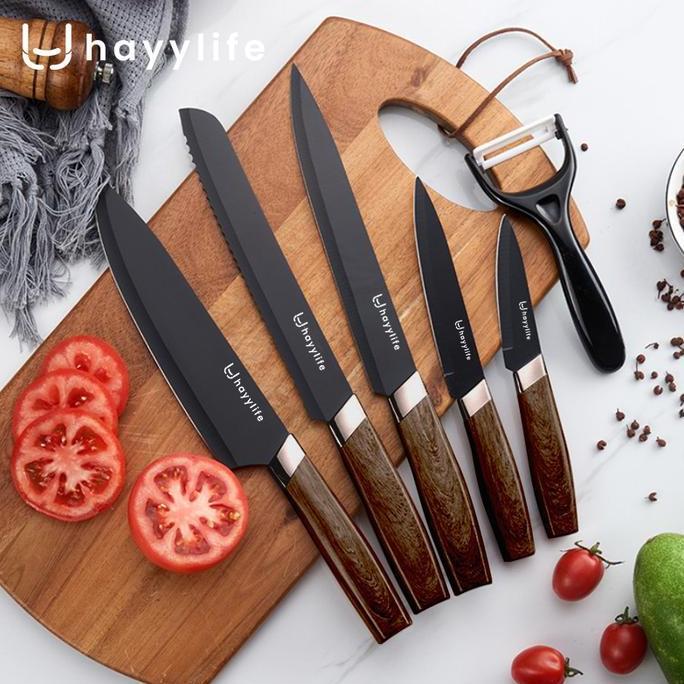 Kithch- Hayylife Knife Set Dapur Stainless Steel 6 In 1 Gagang Kayu / Set Pisau Dapur Baja Hitam Rum