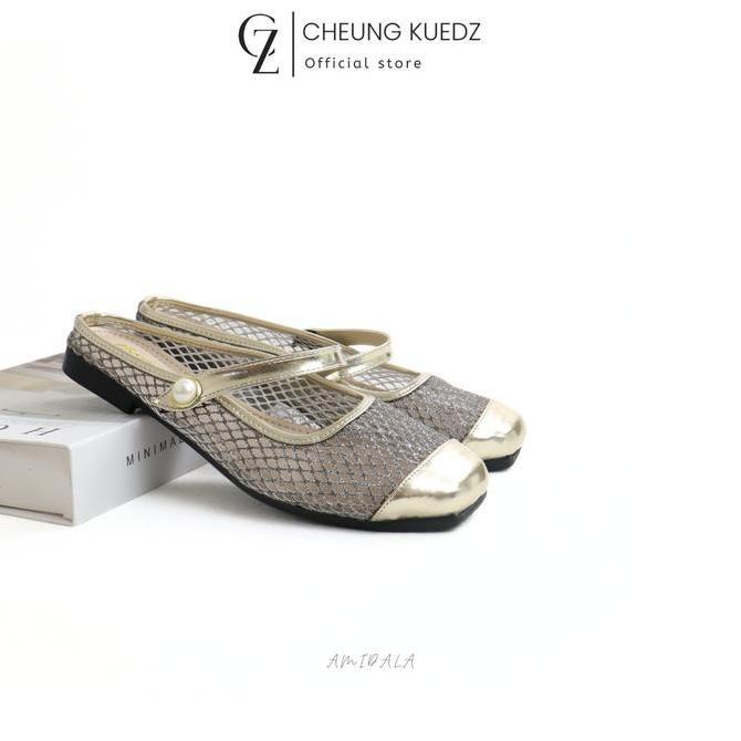 Jelitashoes- Cheung Kuedz Amidala Sandal Bustong Slop Flat Wanita Bahan Brokat [Harus Turun 1 Size] 