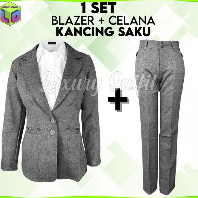 Outfitkekinian- One Set Wanita Kekinian, Blazer Hitam, Setelan Blezerset,1 Set Blazer & Celana Forma