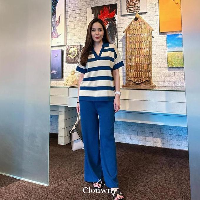 KAMANADITA6 - CLOUWNY MINJOO STRIPES ONE SET PREMIUM KNIT LENGAN PENDEK + CELANA PANJANG HIGHWAIST