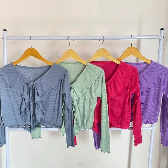 Outfitkekinian- Cardigan Rumbai Ruffle Crop Knitwear  Baju Atasan Outer Wanita  Rib Top  Tebal