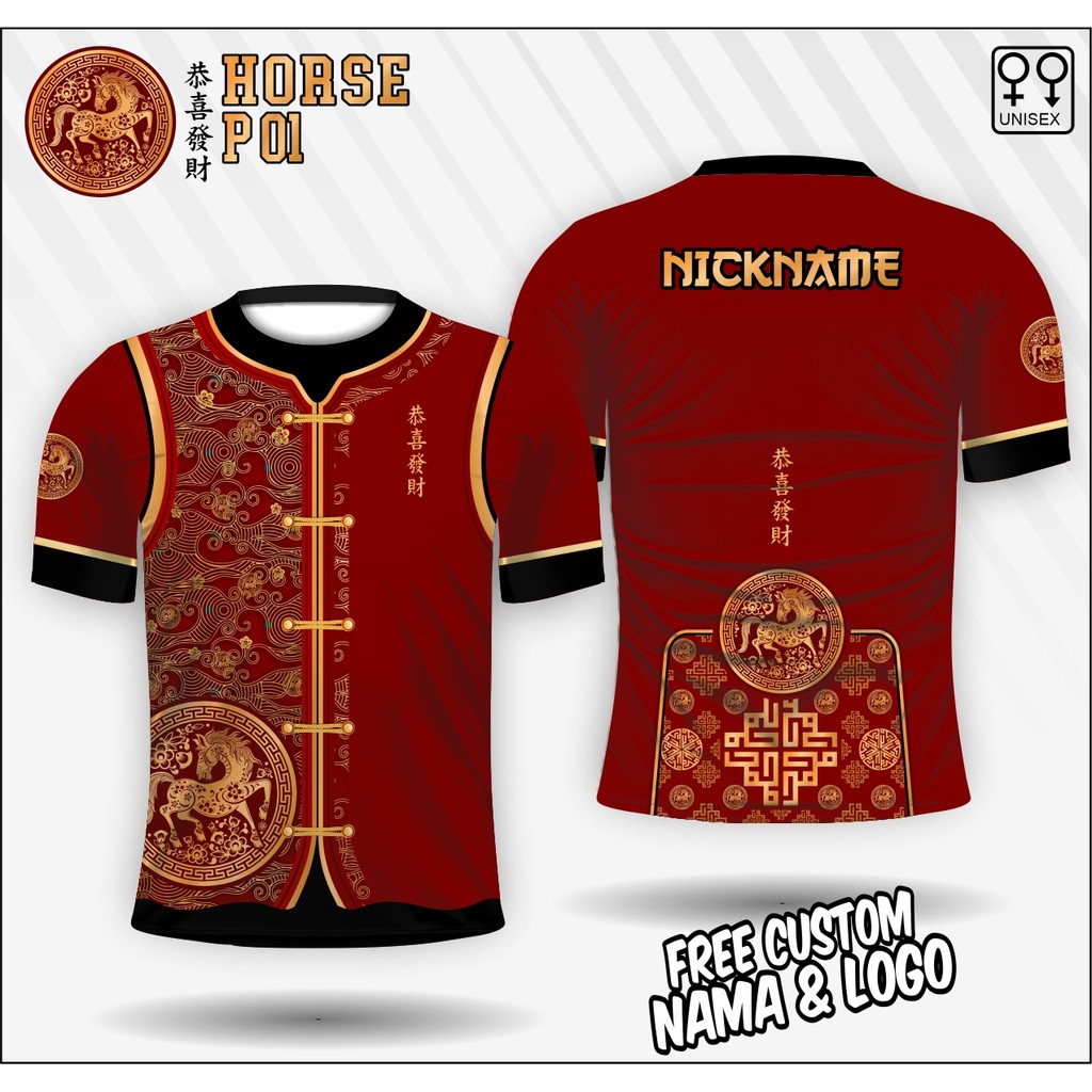 jersey imlek shio kuda 2026 baju cheongsam pria shio kuda kaos imlek gong xi fa cai free custom nama
