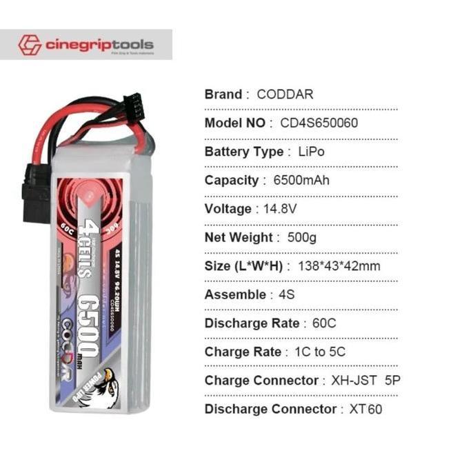TERMURAH - CODDAR 4S 6500MAH 14.8V 60C XT60 Soft Pack RC Lipo Battery
