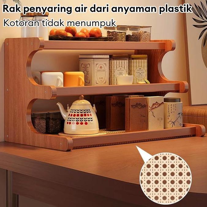 Newcap- Lh-Rak Kecil Meja Anyaman Rotan Rak Kayu Aesthetic Rak Susun Minimalis Rak Bumbu Dapur Rak S